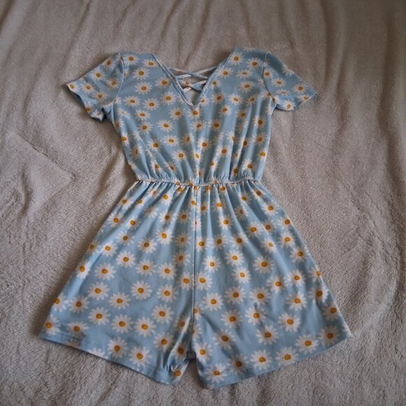 shosho Girl's Size 10 Light Blue Daisy Floral Print Short Sleeve Romper - Picture 6 of 8